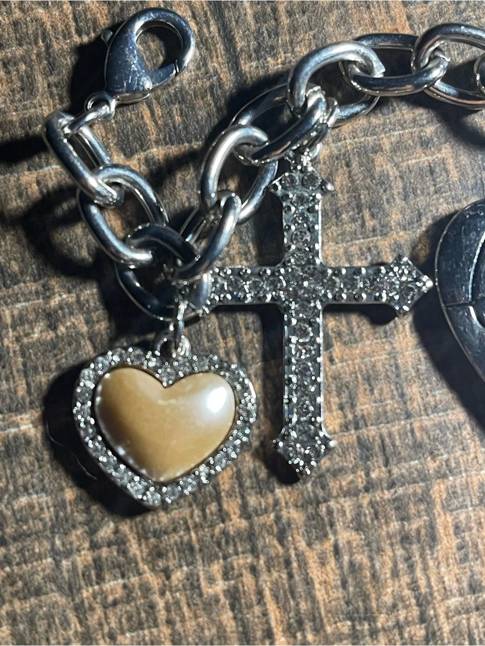 Guess Silver-Tone Charm Bracelet with Heart, Key & Cross Accents